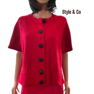 Style & Co. Women Red‎ Wool Sweater Size L Black Buttons